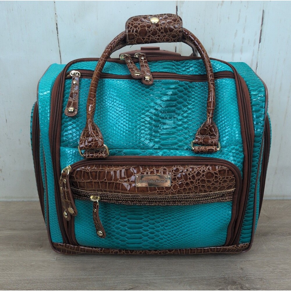 Samantha Brown Rollin Luggage Carry On Bag Teal & Brown Faux Croc